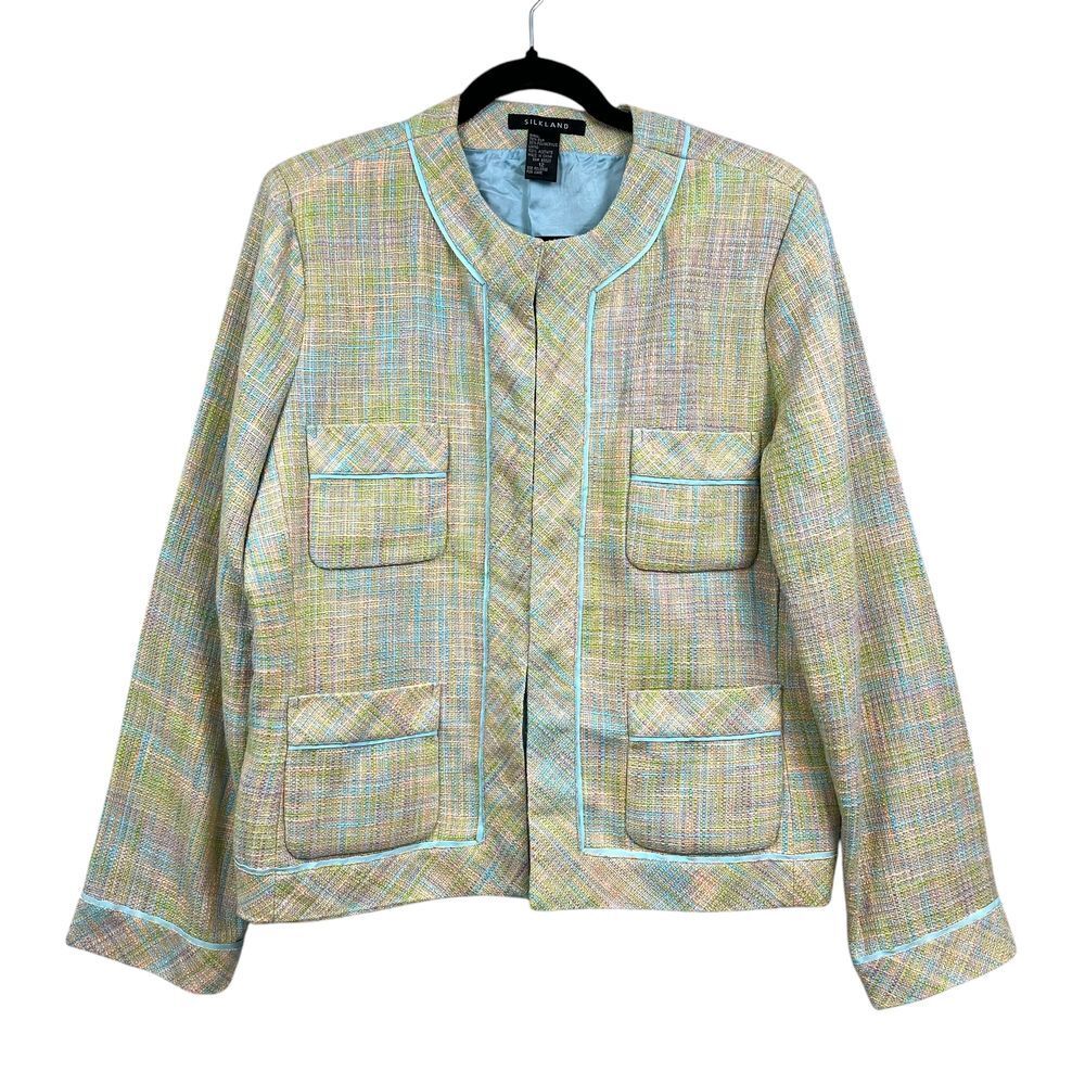 Silkland Women Silk Blend Tweed Blazer Pastel Mint Piping Clasp Front Pocket 12*